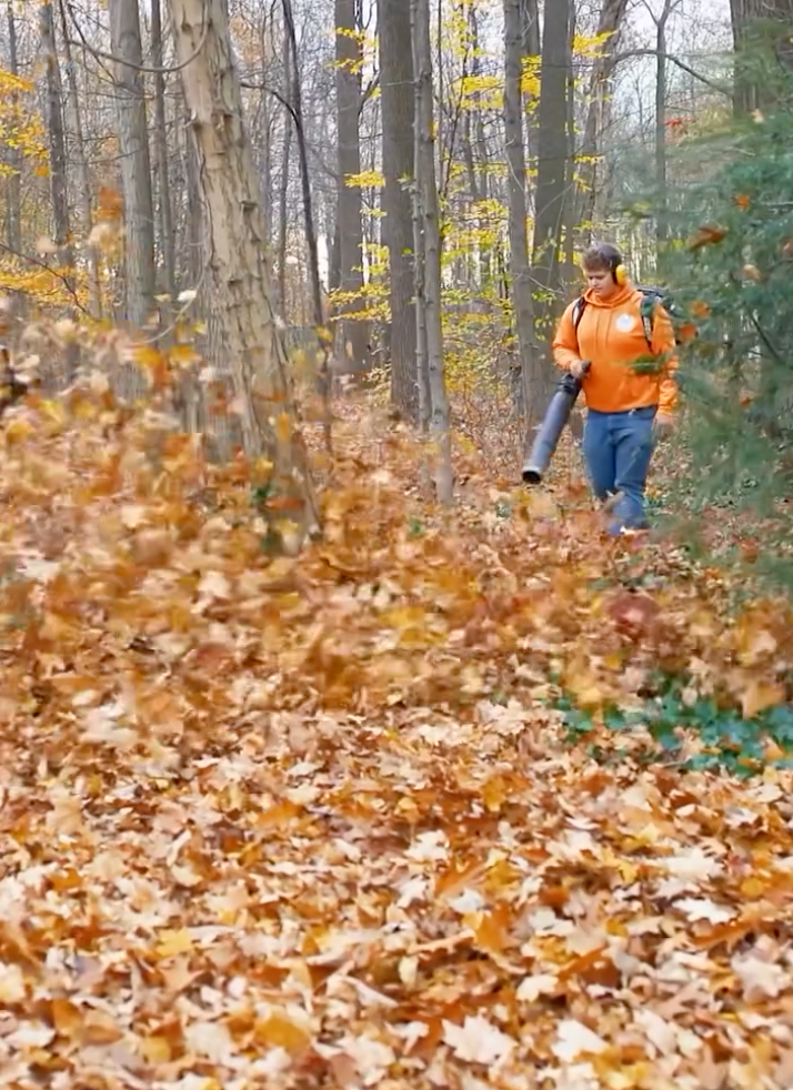 Person in orange jacket using a leaf blower in a forest, surrounded by fallen leaves.