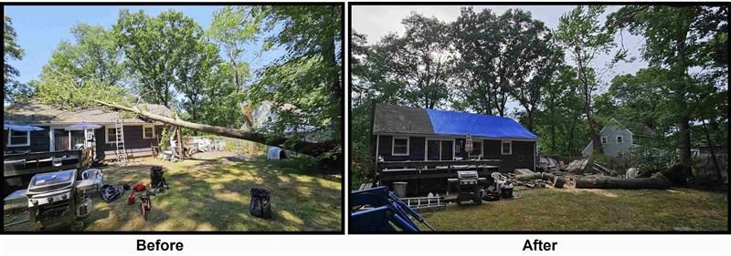 Before & after of a house with its roof caved in by a tree due to storm damage, followed by the same house with the tree removed and roof patched. 