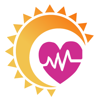 Orange sunburst around a pink heart with a white heartbeat line
