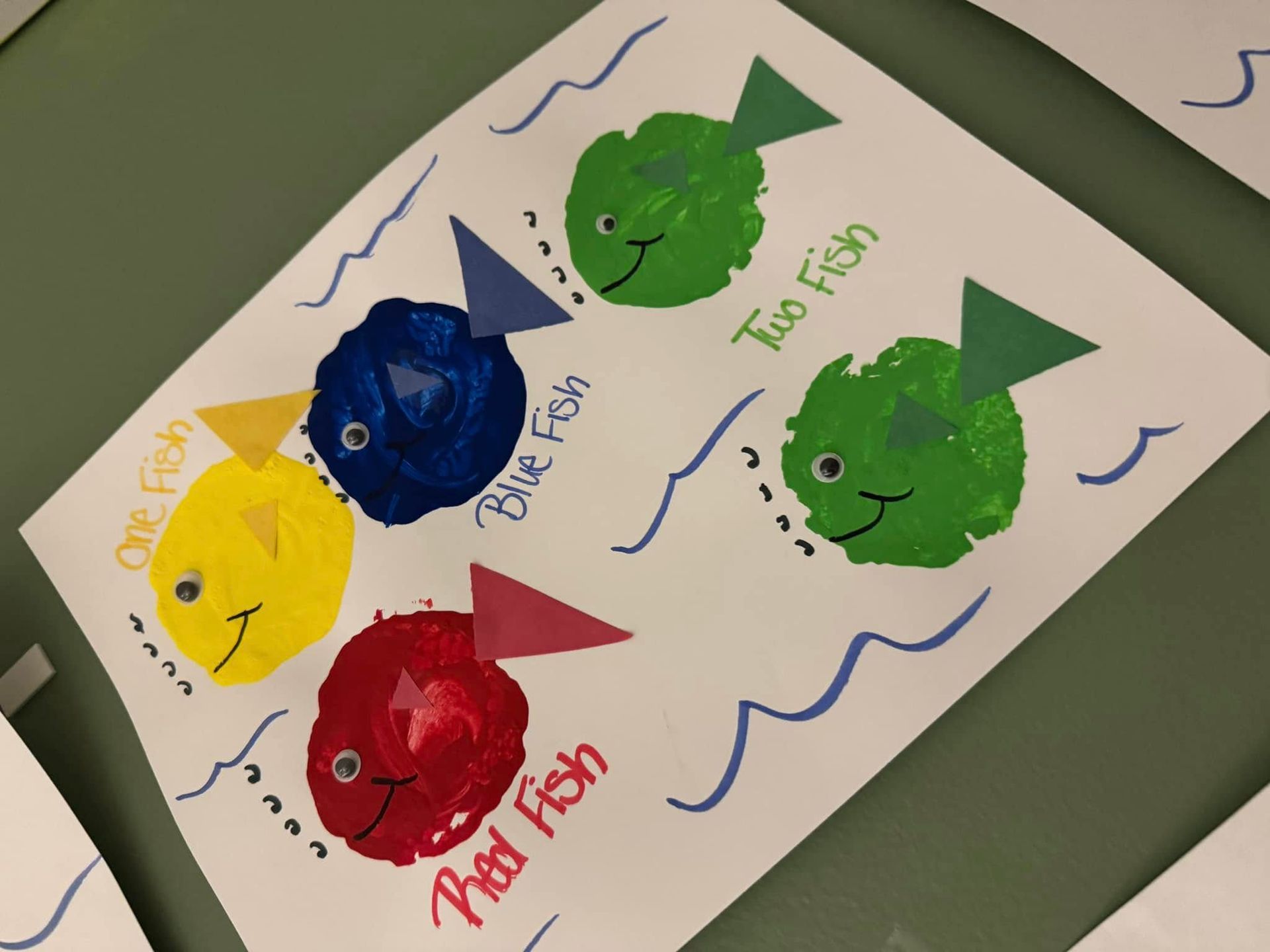 A child 's drawing of fish with the words one fish blue fish red fish and two fish
