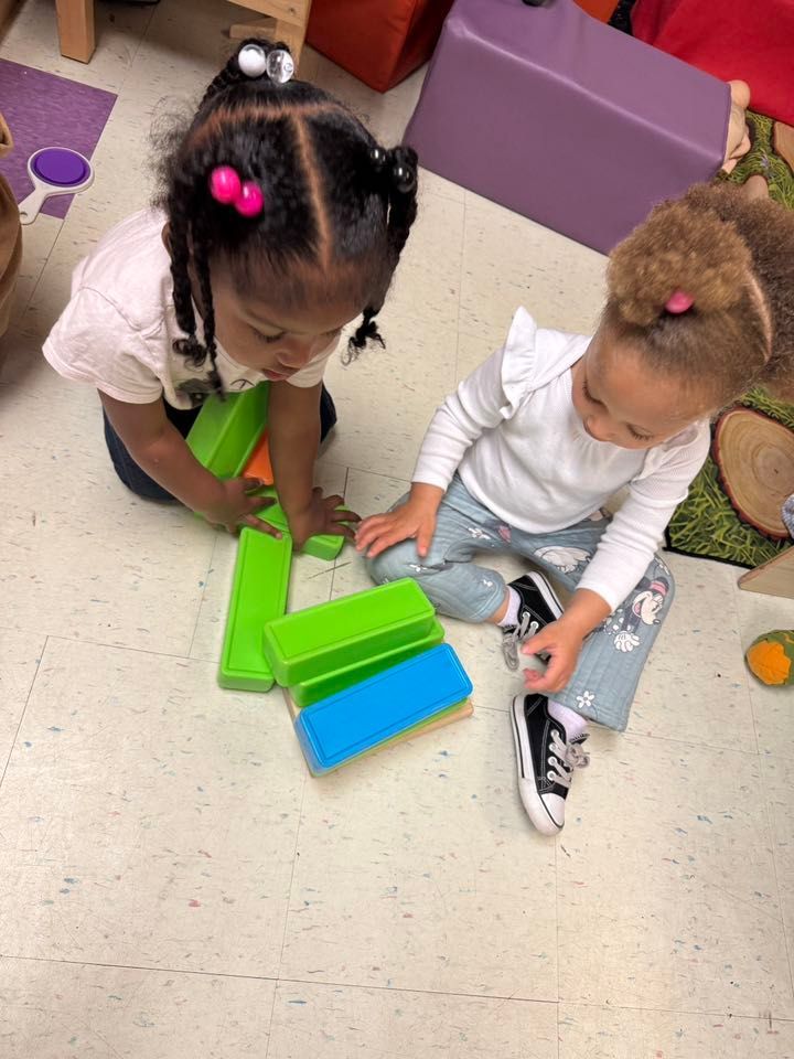 Two little girls are playing with blocks on the floor.