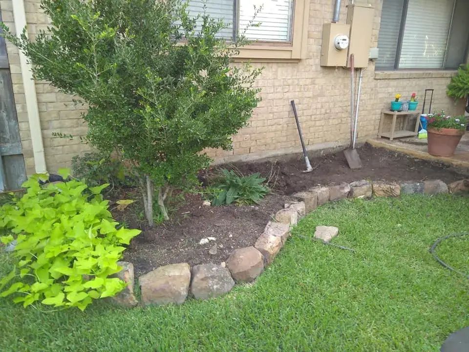 A garden with a shovel and a tree in front of a brick building.