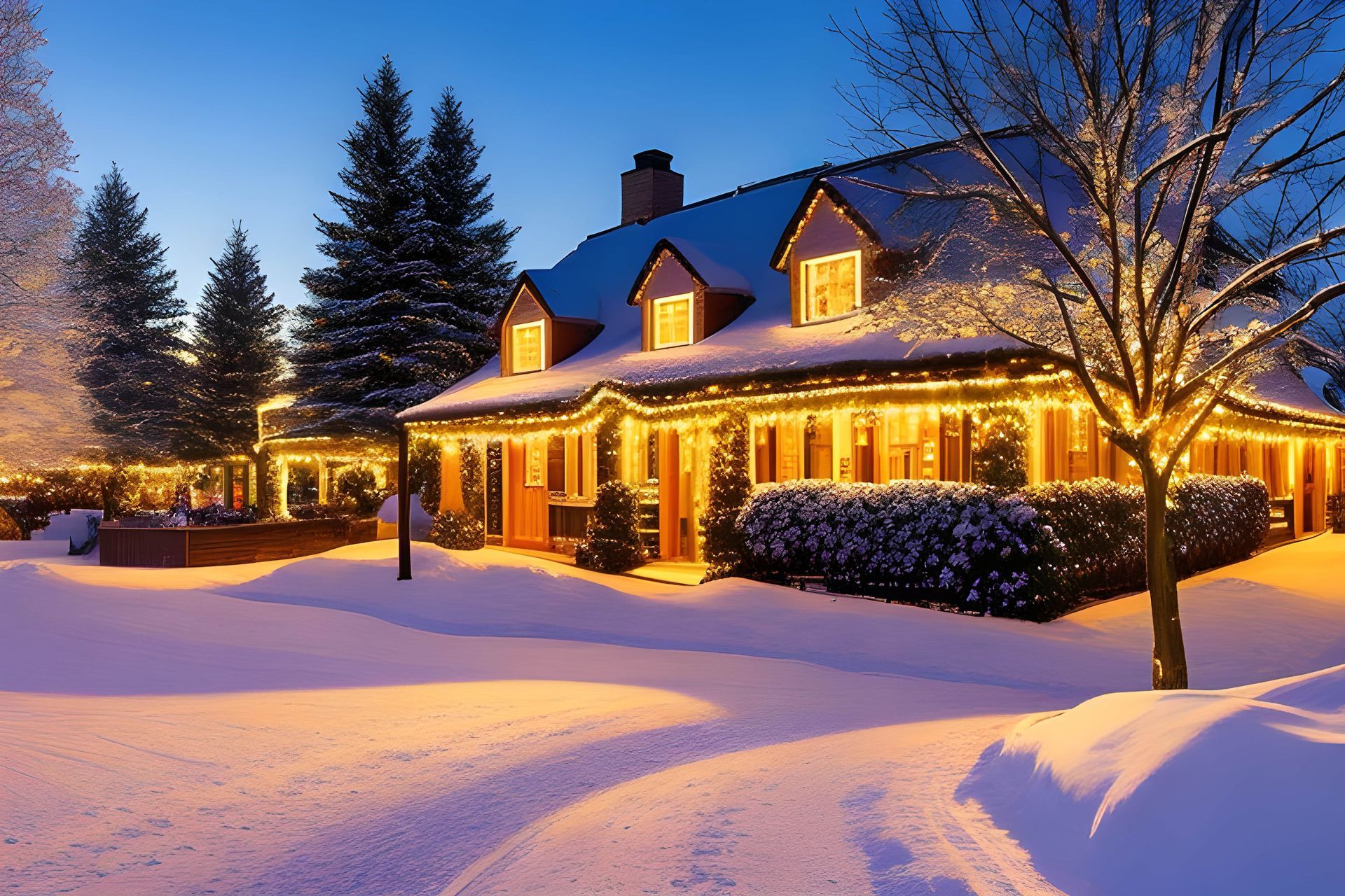 A House With Christmas Lights on It is Covered in Snow