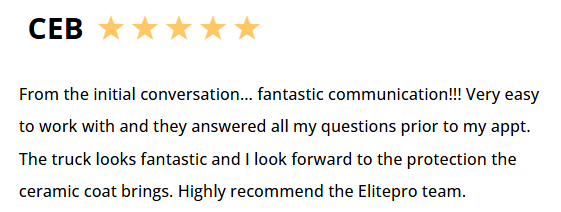 Review: CEB gave 5 stars, communication was fantastic, easy to work with, answered questions, truck looks great. Recommends Elitepro.