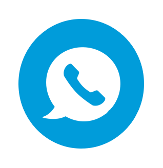 A blue circle with a white speech bubble with a phone inside of it.