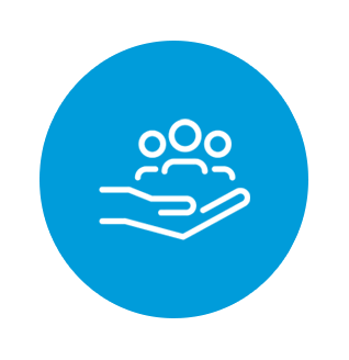 A hand holding a group of people in a blue circle.