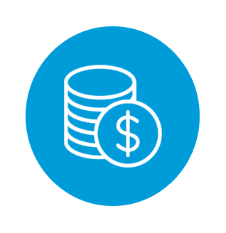 A stack of coins with a dollar sign in a blue circle.