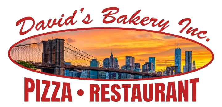 Logo for David's Bakery Inc. Pizza & Restaurant featuring the Brooklyn Bridge and NYC skyline at sunset.