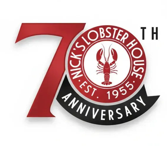 Logo for Nick's Lobster House 70th anniversary, featuring a red lobster icon and text established in 1955.