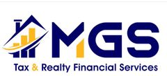 Logo of MGS Tax & Realty Financial Services, featuring house icon with bar graph and business letters in navy and gold.