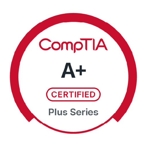 CompTIA A+ Certified badge: Red circular frame with white interior, "CompTIA" and "A+" text, "Certified" label.