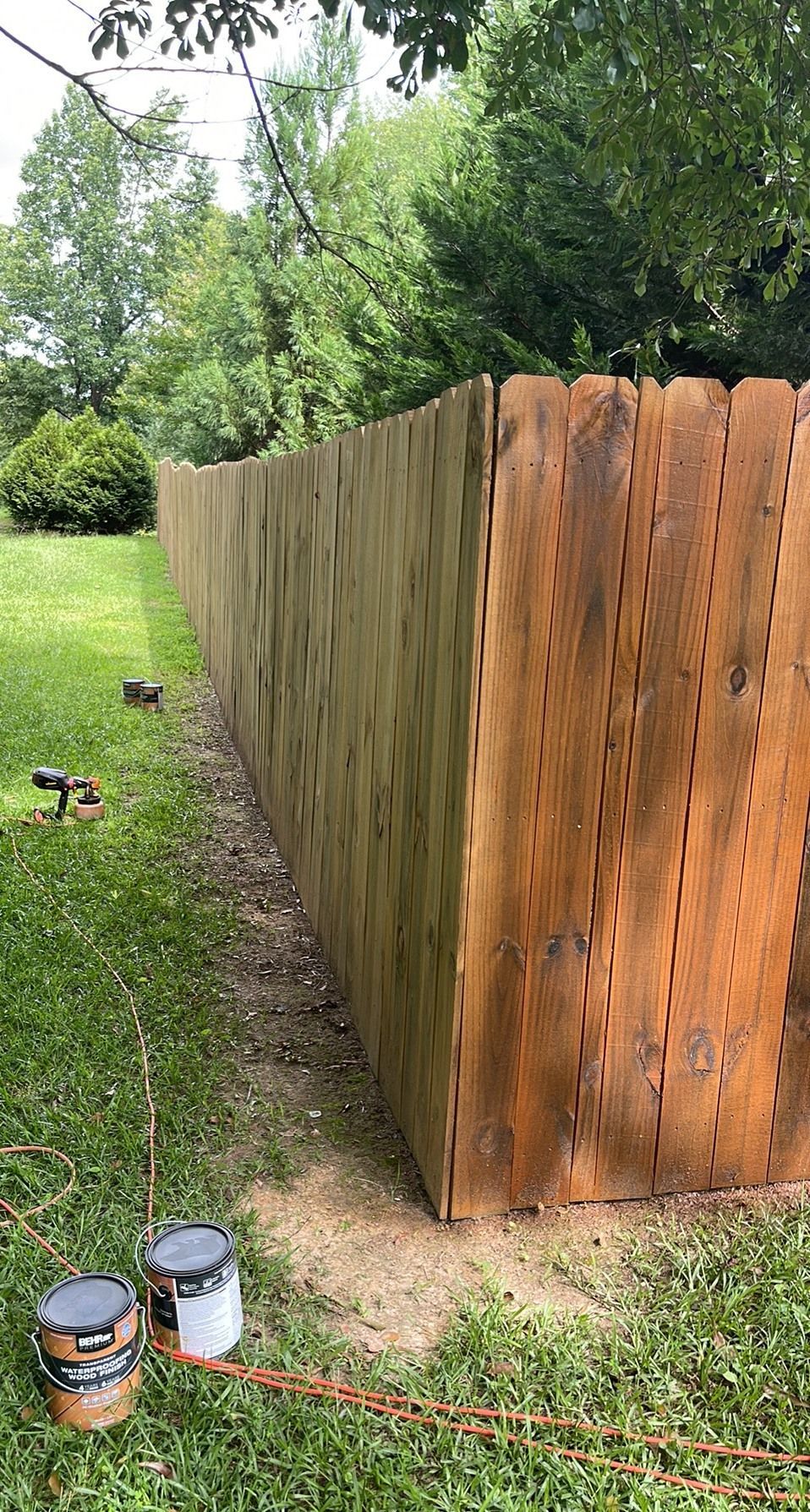 A wooden fence with a portion stained, cans of stain on the ground, green grass, and trees in the background.