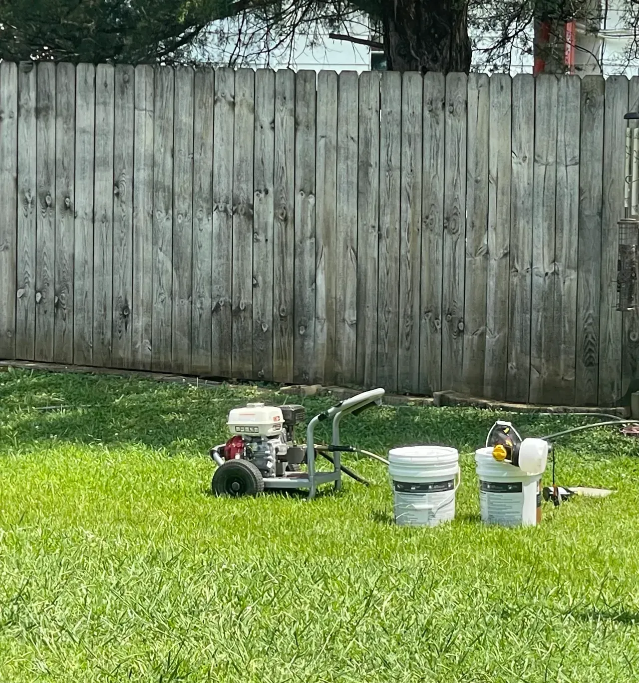 Paint sprayer, two buckets of paint, and a fence in a grassy yard.