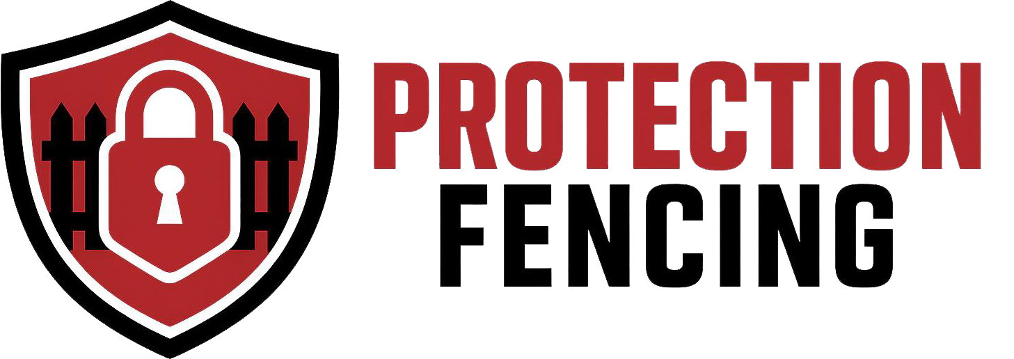 Logo for Protection Fencing: shield with padlock and fence graphic, red and black text.