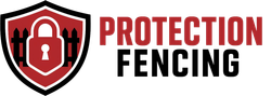 Logo for Protection Fencing: shield with padlock and fence graphic, red and black text.