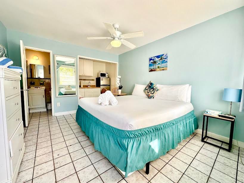 A bedroom with a king size bed and a ceiling fan.