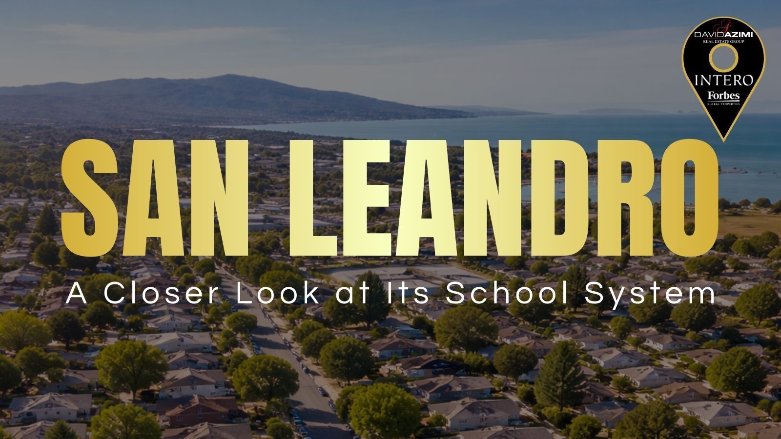 San Leandro California showing homes, nearby streets, trees, and surrounding neighborhood layout.