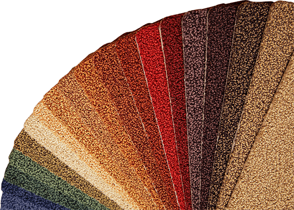 A fan of different colored carpets on a white background