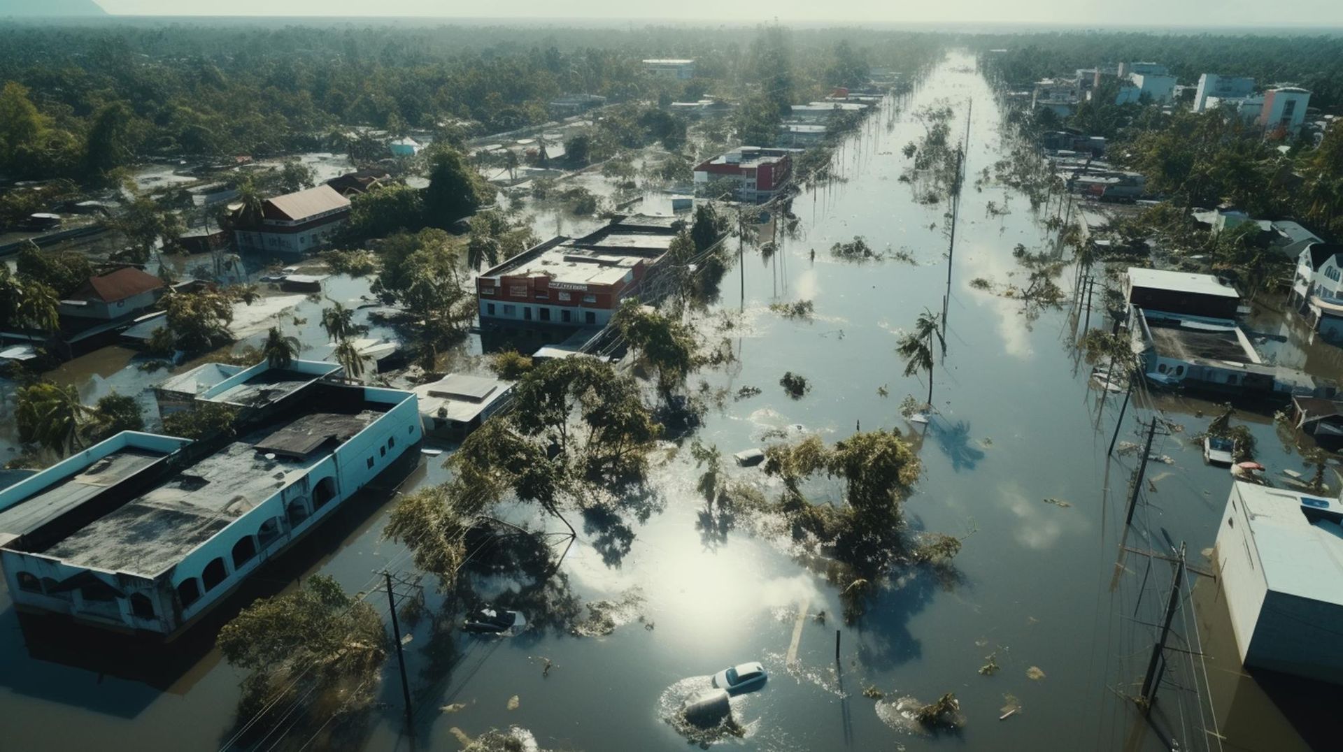 An aerial view of a flooded city with buildings and trees covered in water.