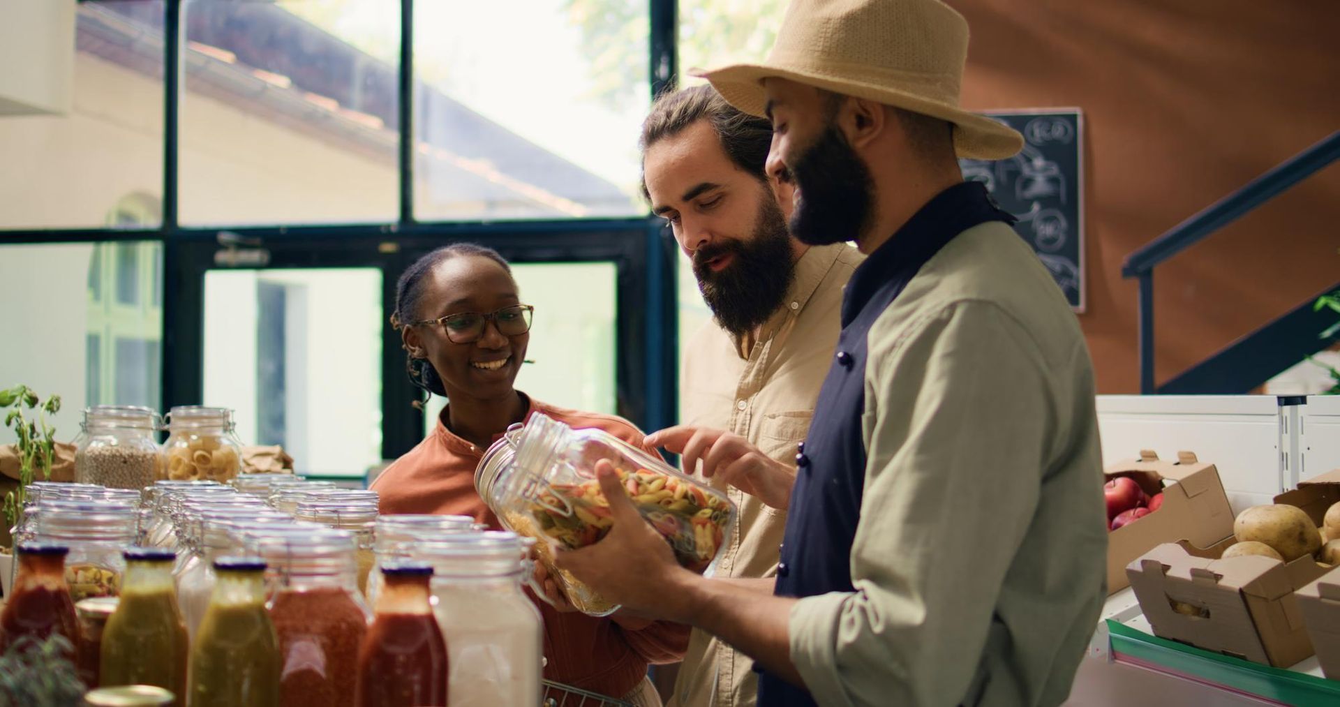 A group of people are shopping in a grocery store.