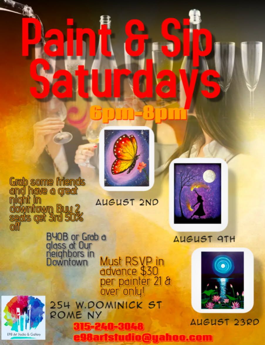 A poster for a paint and sip event on saturdays