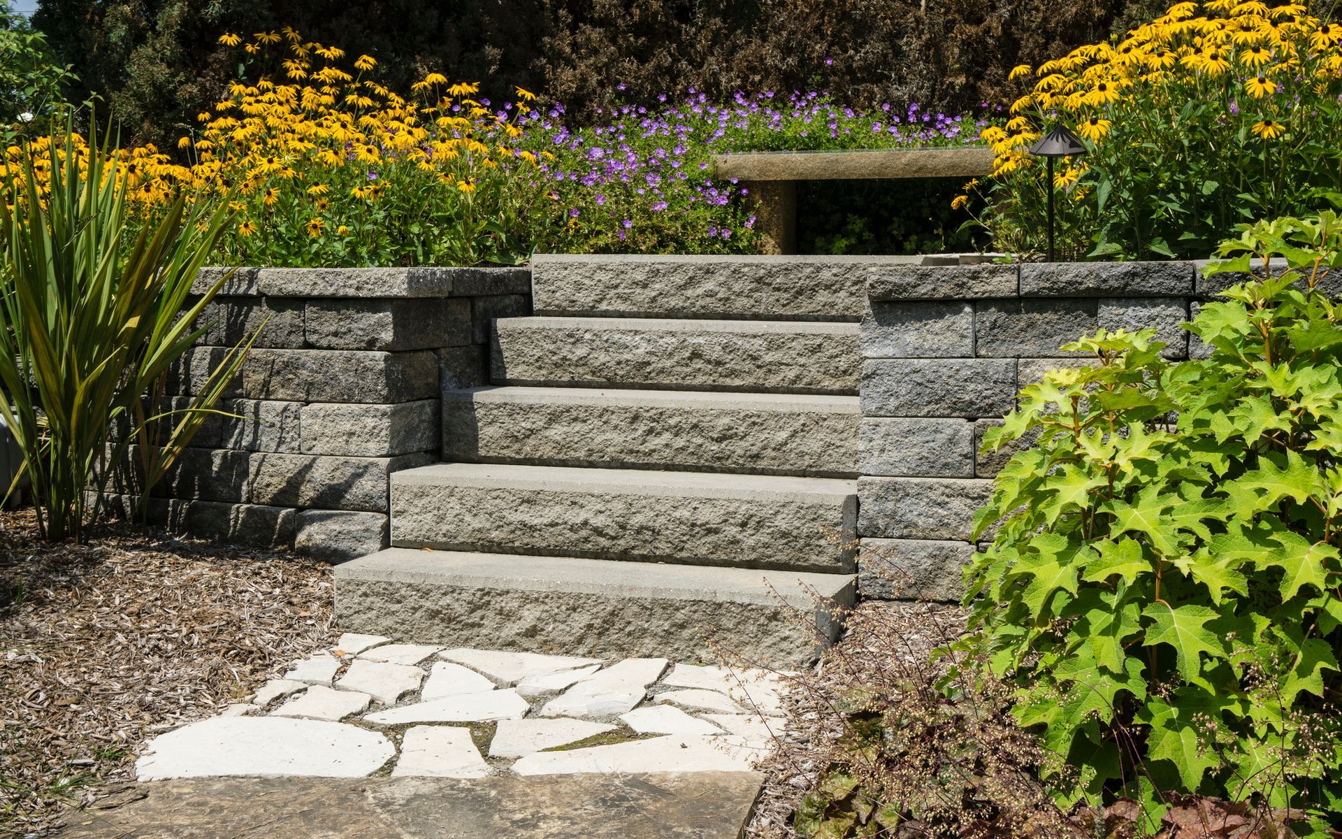 A set of stairs leading up to a flower bed in a garden.