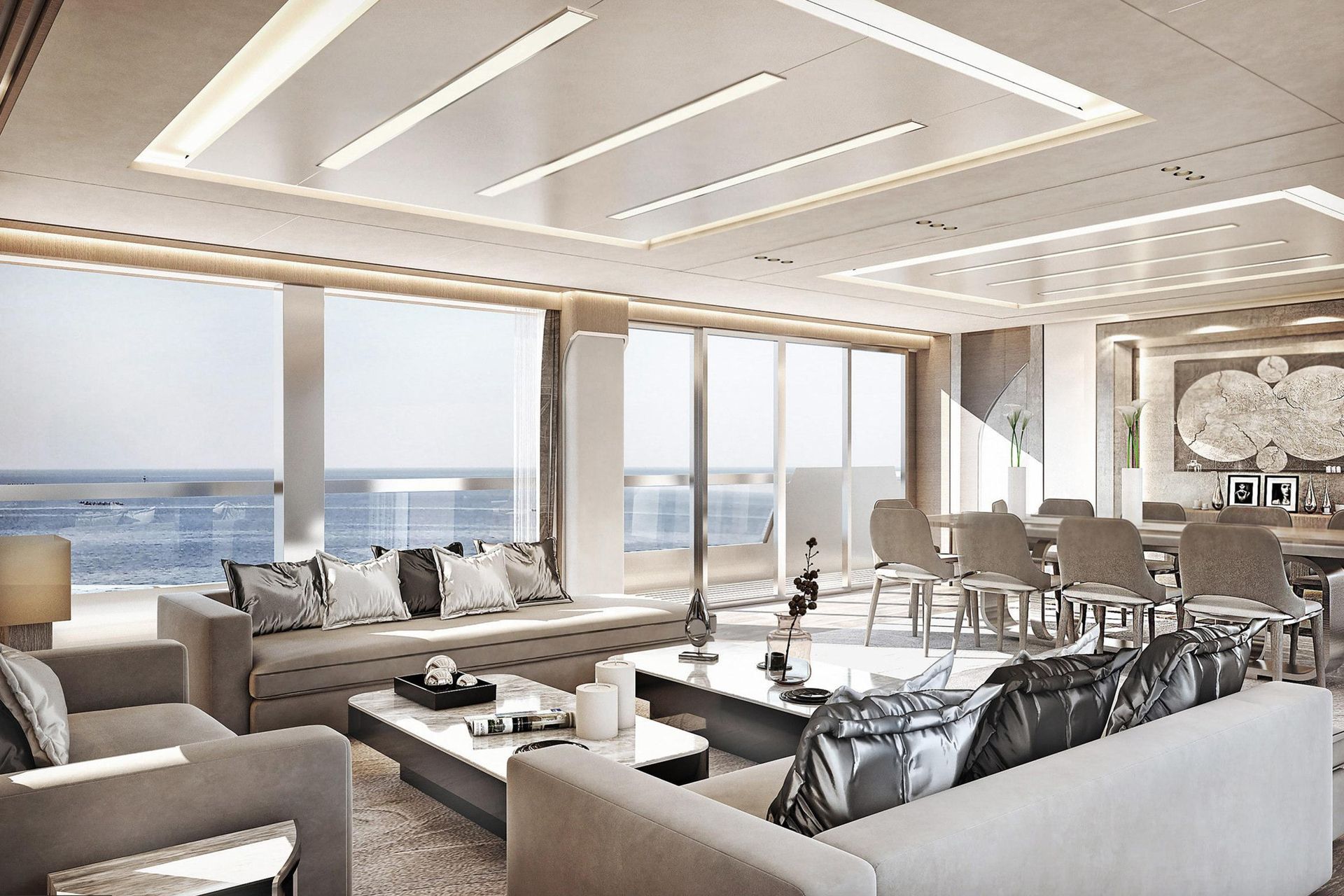 An artist 's impression of a living room with a couch and chairs