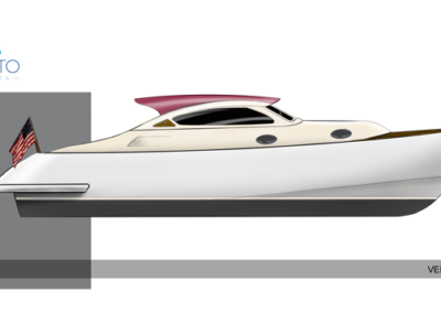 A drawing of a white boat with a pink roof