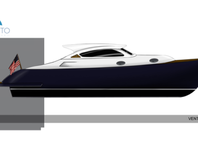 A drawing of a blue and white boat with a flag on the side.