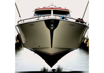 A boat is docked in a harbor and the front of the boat is shown