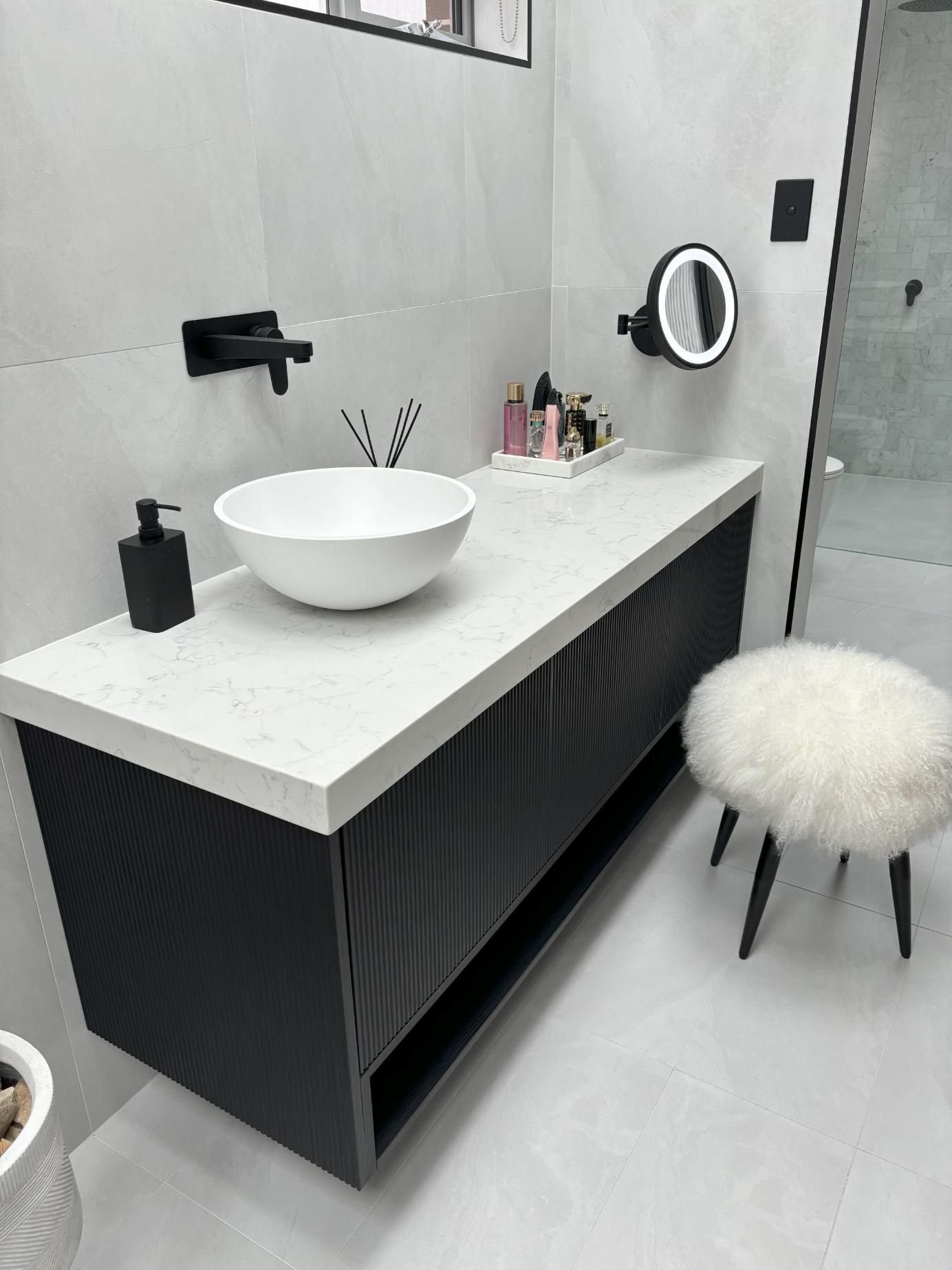 A Bathroom with A Sink , Mirror and Stool — Darko's Kitchens in Barrack Heights, NSW