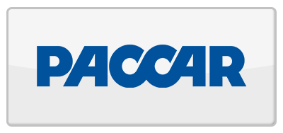 A blue PACCAR logo on a white, rectangular, button-style background.