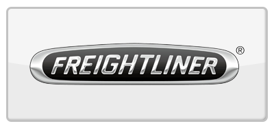 The Freightliner logo, featuring the brand name in silver, capitalized, sans-serif font on a dark oval background.