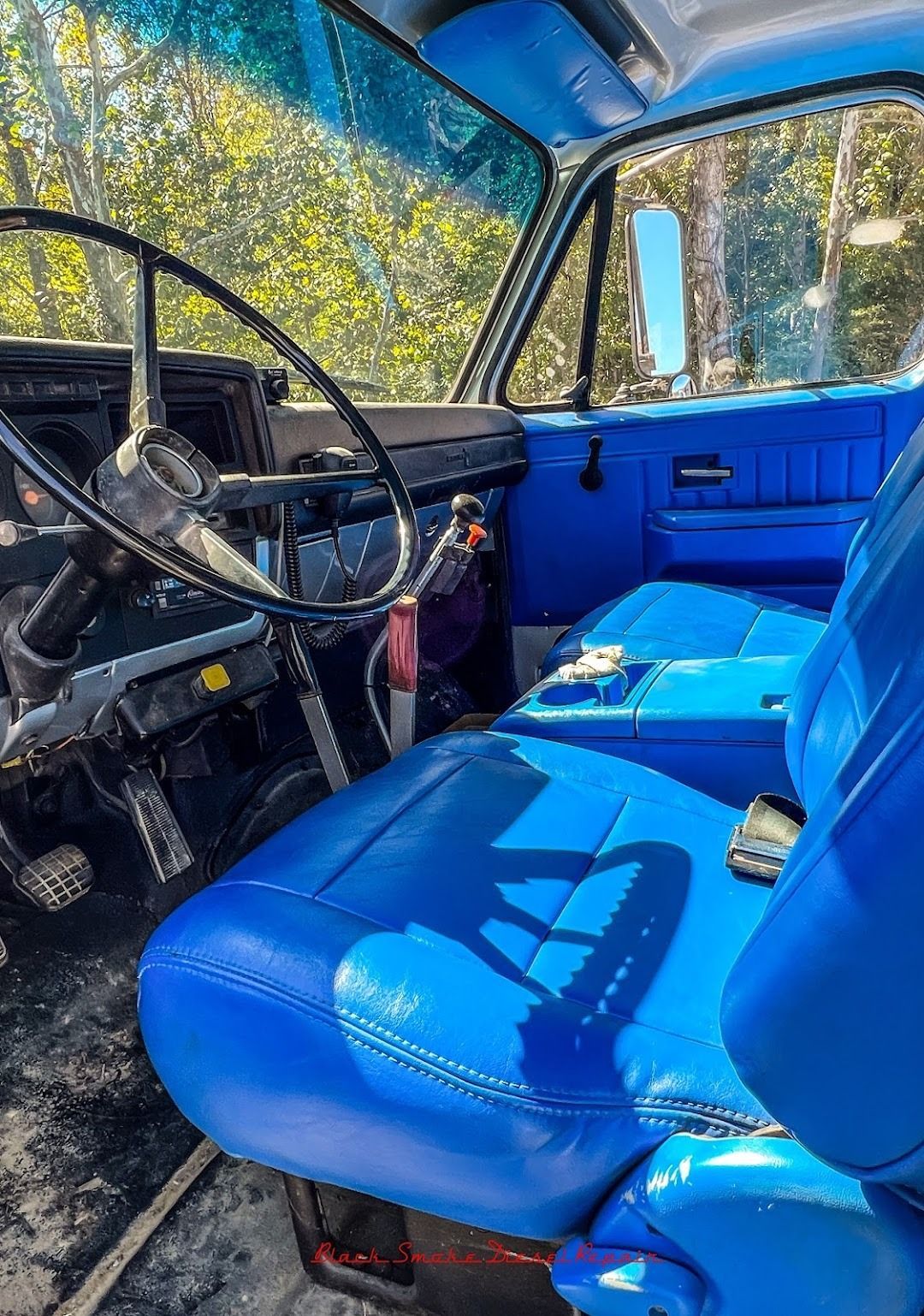 The interior of a vehicle featuring bright blue leather seats, a black steering wheel, and a blue dashboard.
