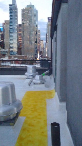 a roof with a city skyline in the background is being painted .