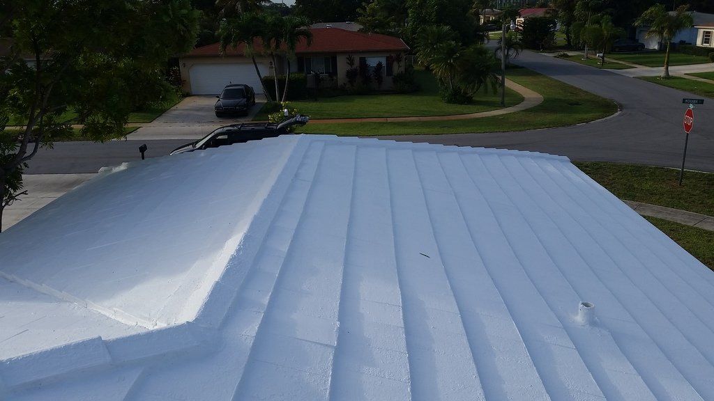the roof of a house has been painted white and is sitting on top of a lush green field .