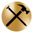 A hammer and nails crossed in a gold circle