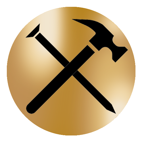 A hammer and nails crossed in a gold circle