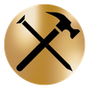 A hammer and nails crossed in a gold circle