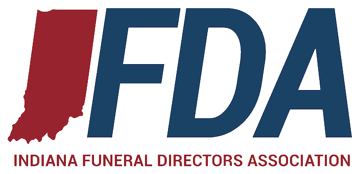 Logo for Indiana Funeral Directors Association: Indiana map in red, blue FDA letters, text