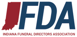 Logo for Indiana Funeral Directors Association: Indiana map in red, blue FDA letters, text