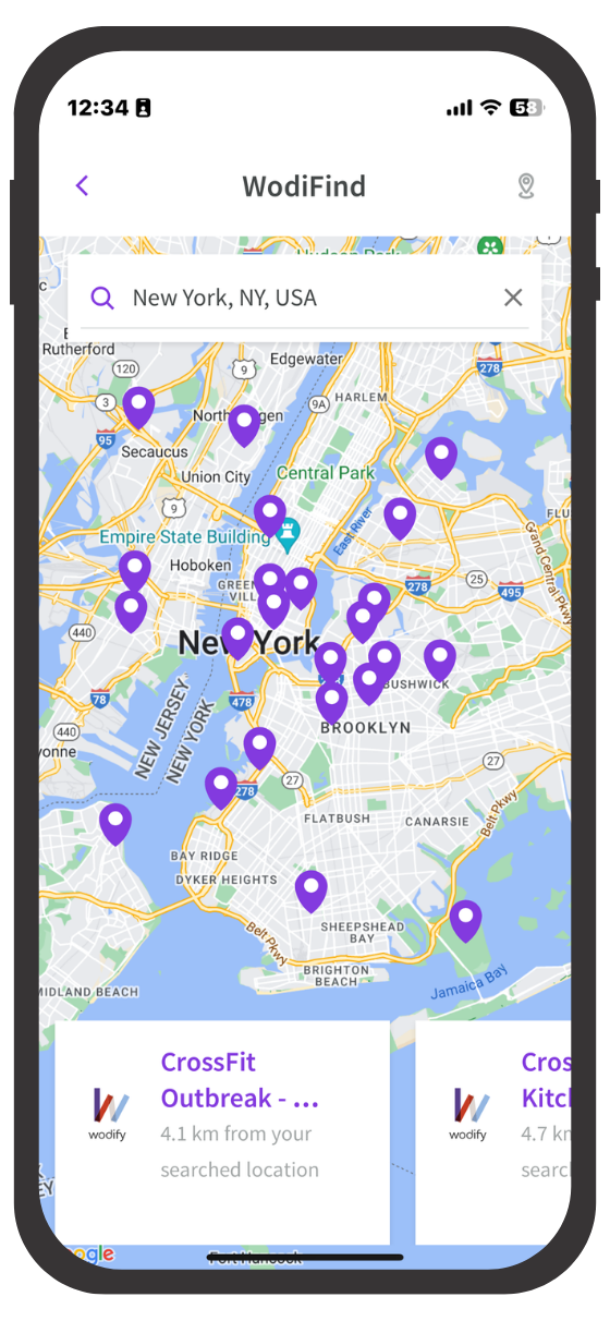 A mobile app map of New York City with purple location pins. The app is called 