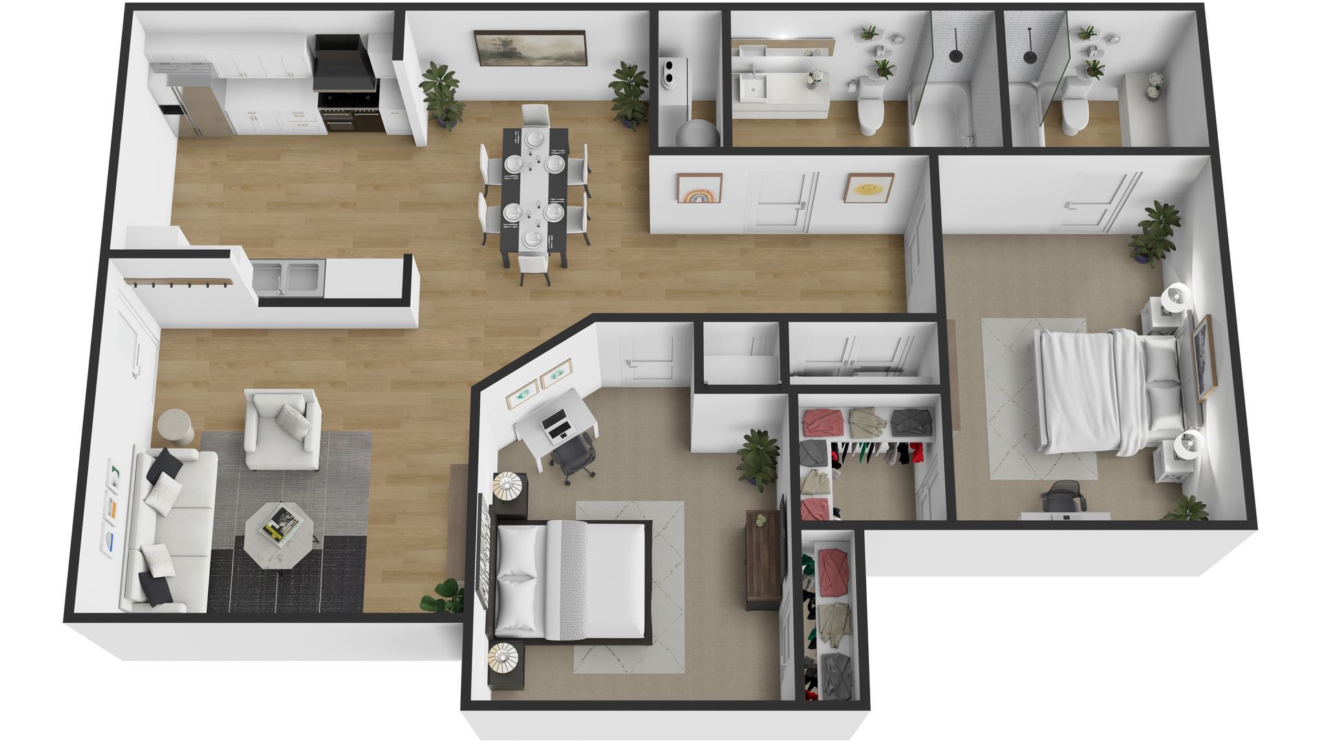 A 3d floor plan of a house with a bedroom , living room , dining room , and bathroom.