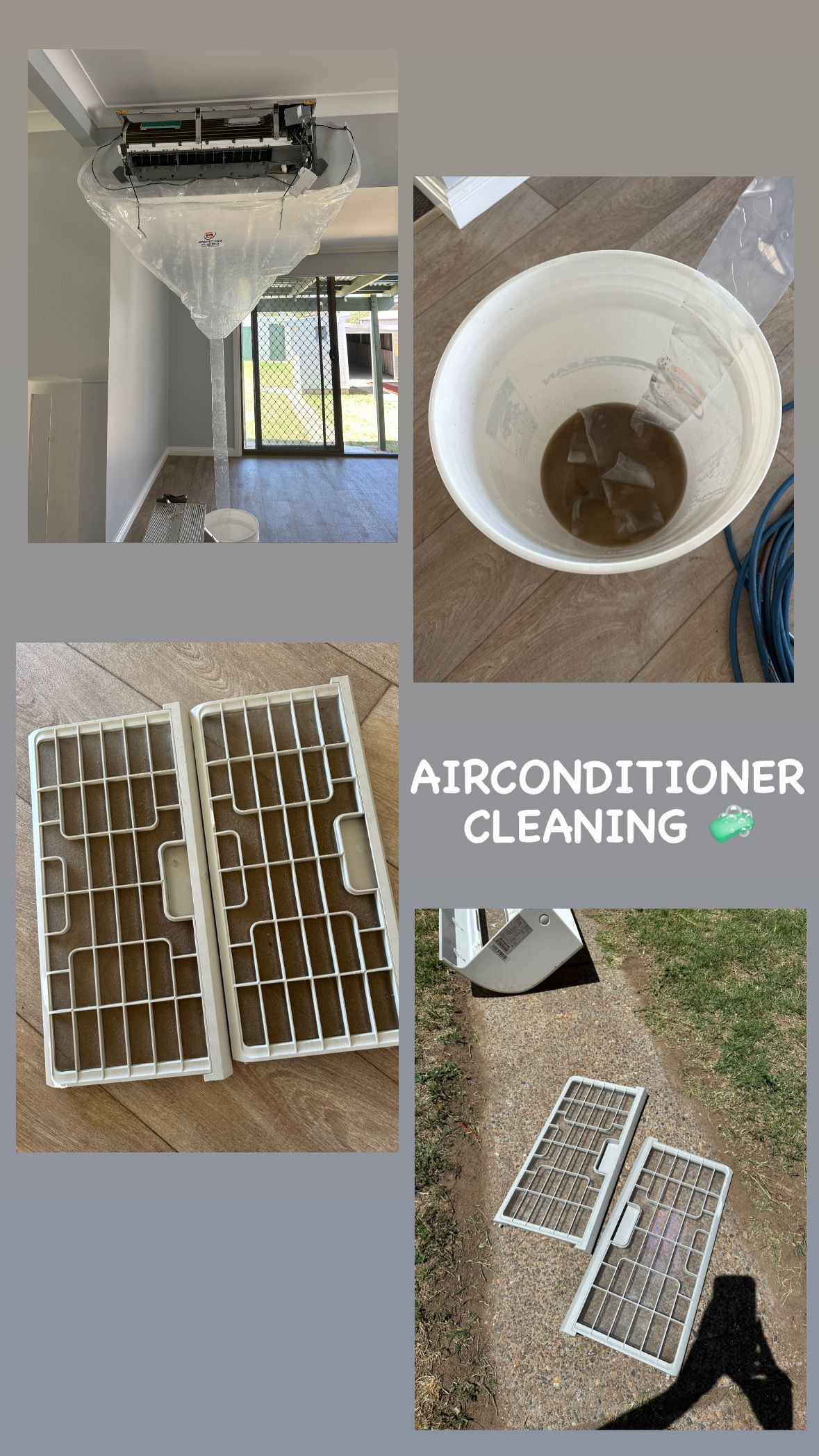 Air conditioner cleaning: Dirty filters, bucket of debris, unit in room, filters outside — Integral Cleaning Services in Aberdare, NSW