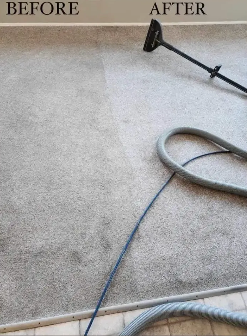 Carpet cleaning comparison: Grimy carpet before, cleaned carpet after. Vacuum hose and wand visible — Integral Cleaning Services in Aberdare, NSW