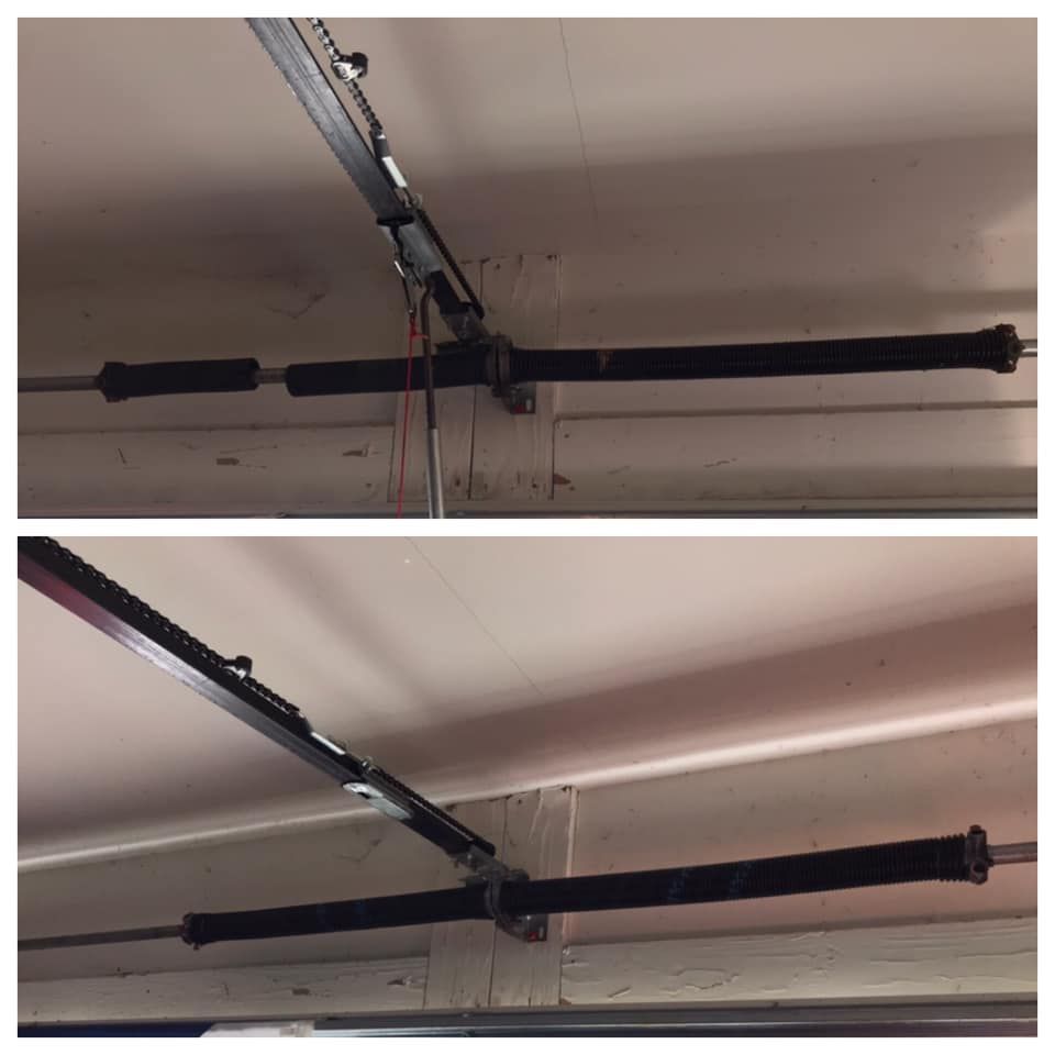 A before and after picture of a garage door spring.