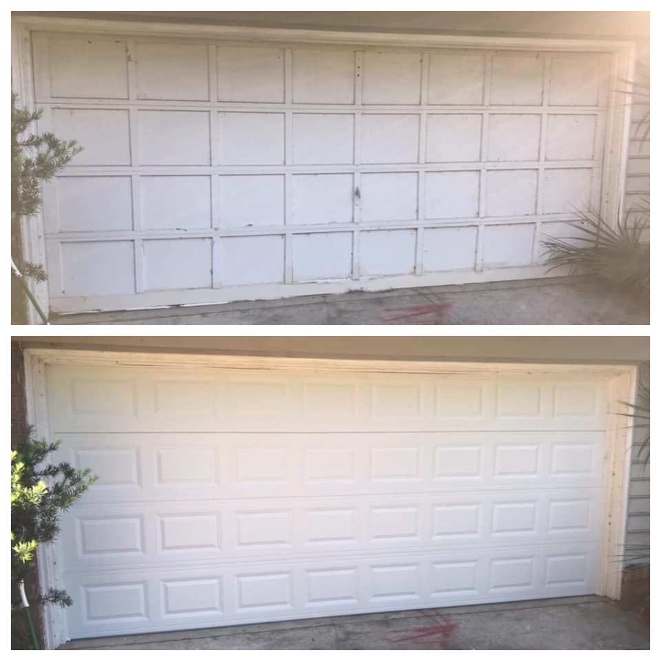 A before and after picture of a white garage door.