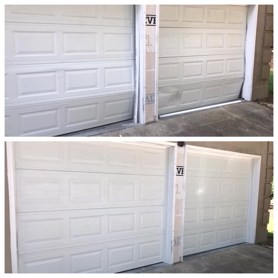 A before and after picture of a white garage door.
