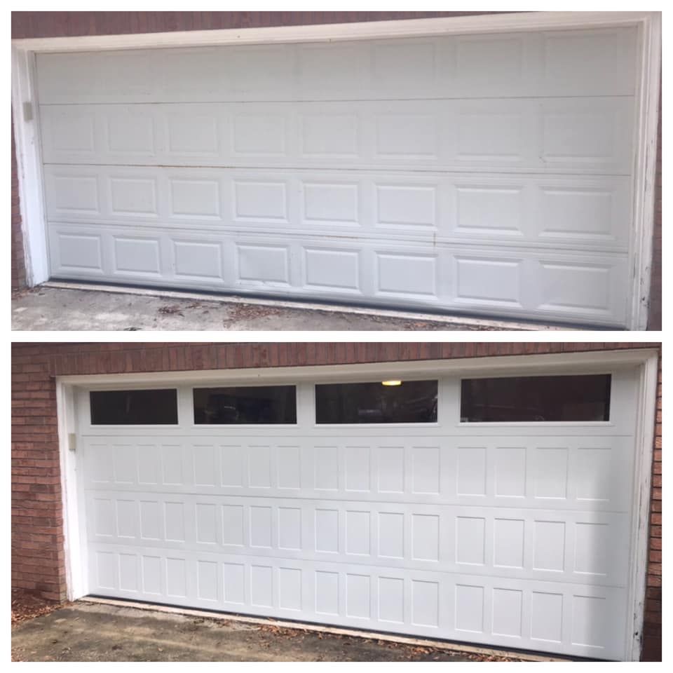 A before and after picture of a white garage door.