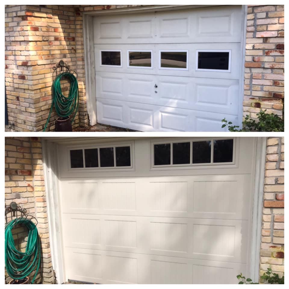 A before and after picture of a white garage door on a brick wall.